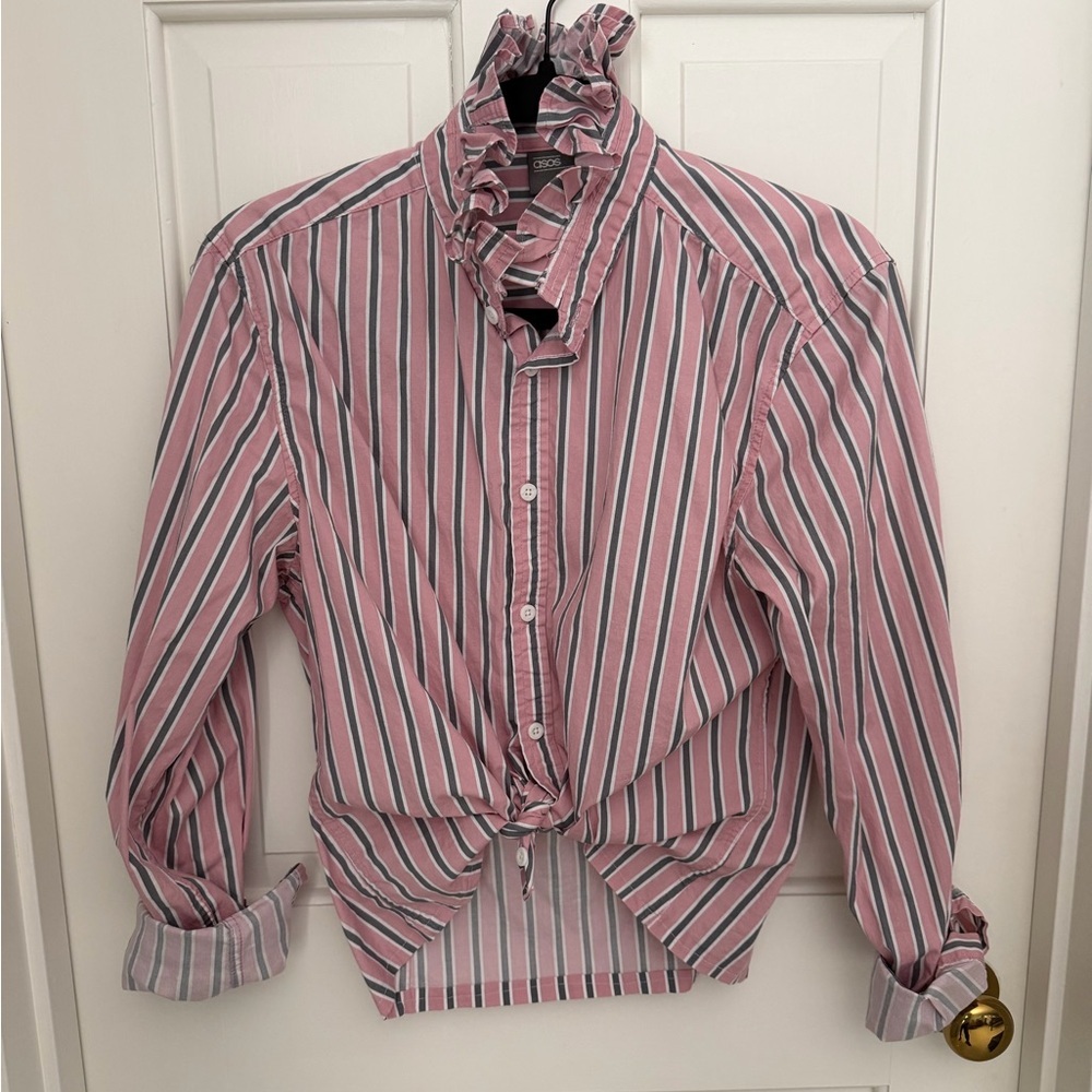 ASOS Pink and White Striped Ruffle Neck Dress Shirt - Picture 3 of 5